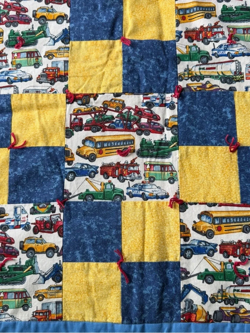 Handmade Kids Vehicle Patchwork Quilt - Yellow & Blue